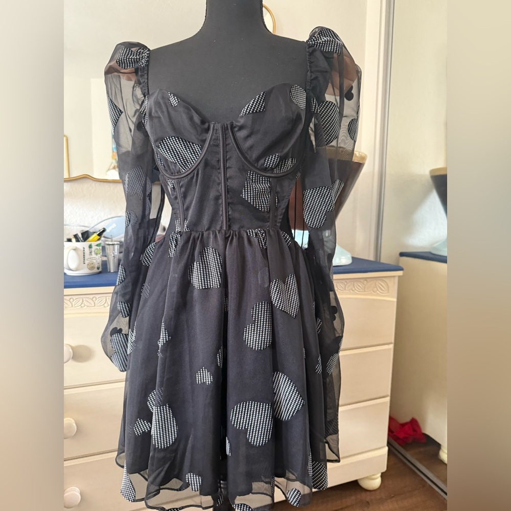 For Love & Lemons Alexandra Long Sleeve Mini Dress Black Hearts NWT